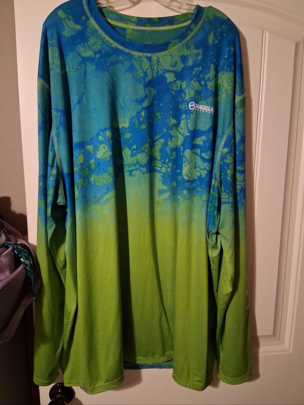 Magellan Men's Fishing Blue Ombre Green Wave Pattern Long Sleeve Shirt 3X